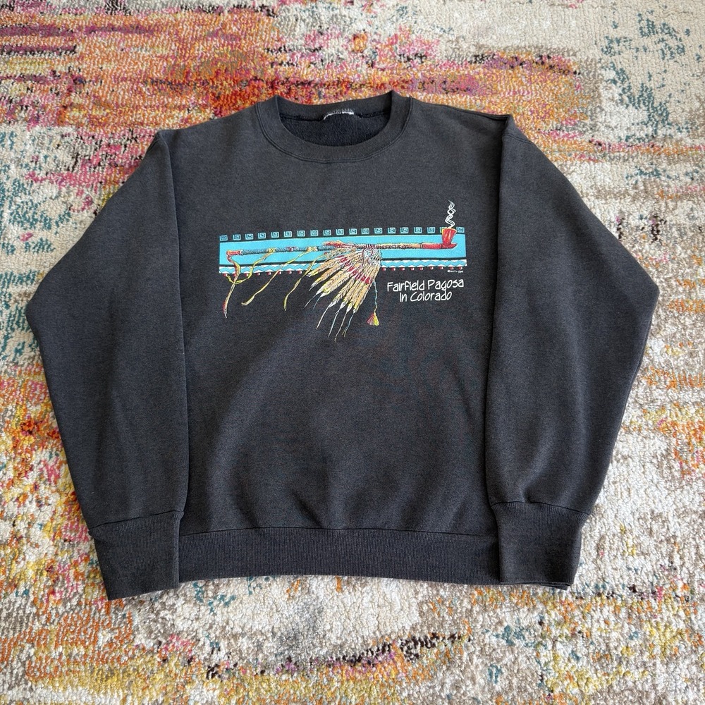 Vintage Black Faded 1990 Fairfield Pagosa In Colorado Crewneck Mens Native M/L